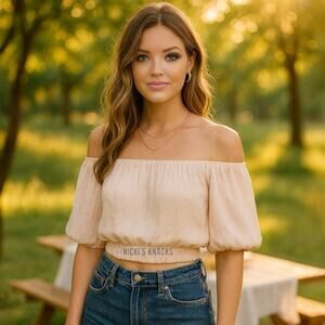 By The River Cream Swiss Dot Off Shoulder Metallic Puff Sleeve Crop Top Size S